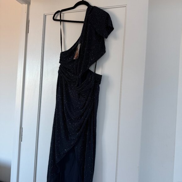 NWT Self-Portrait Cut-out Midi Dress In Navy Allover Rhinestone Front Slit Sz 12 - Picture 5 of 11